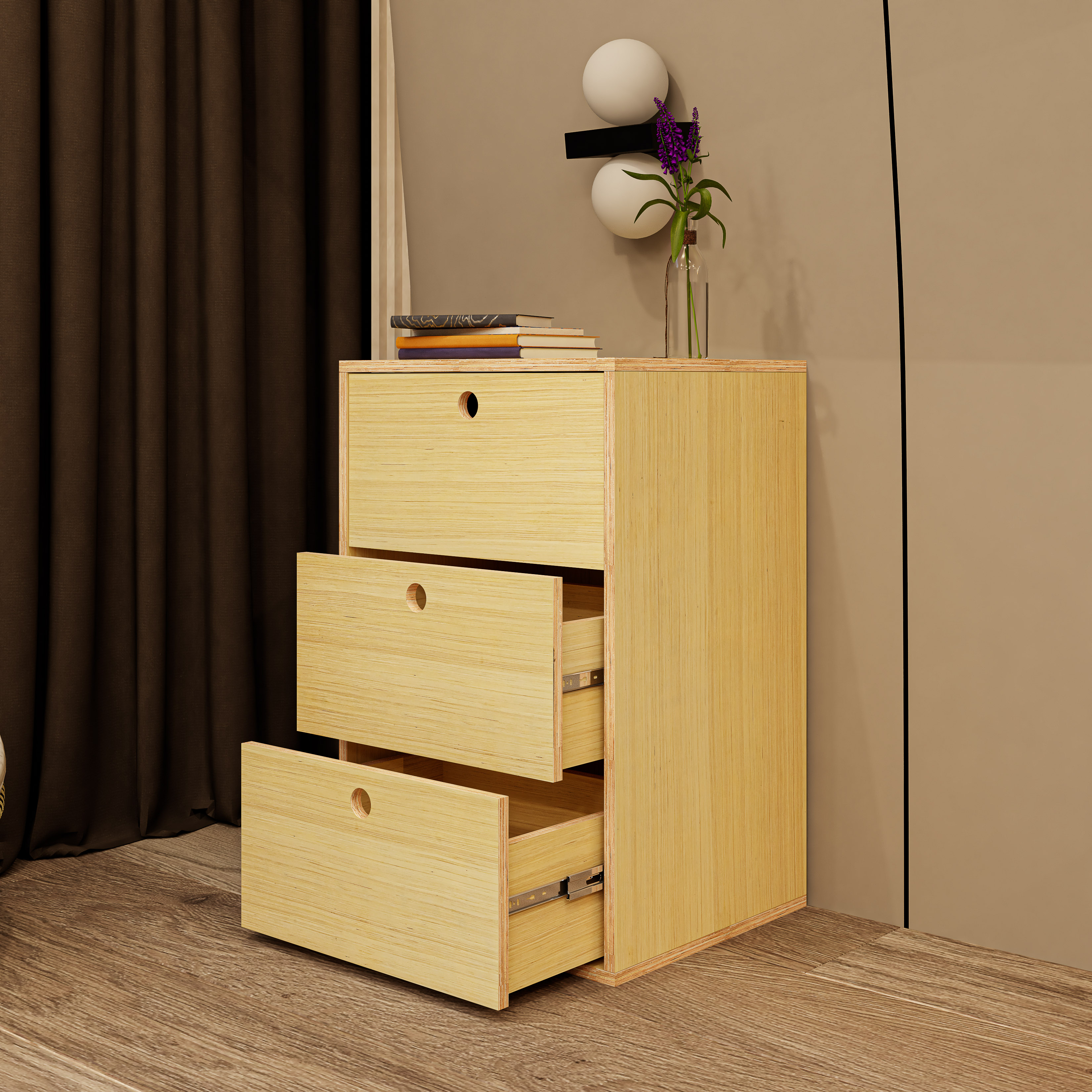 HAPPY FURNITURE , Gỗ tự nhiên , Tủ lưu trữ 3 ngăn kéo gỗ Plywood - SANARI , THK_197 , 54cm x 45cm x 82cm DxRxC