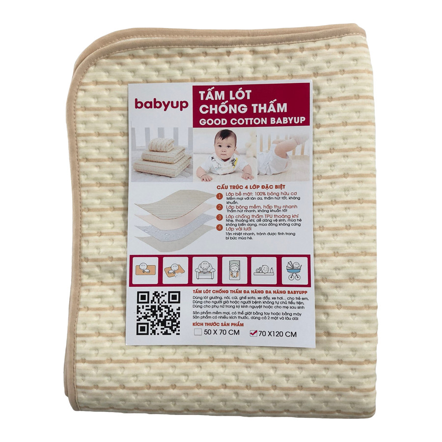 Tấm Lót Chống Thấm Cho Bé Organic Good Cotton Babyup. Miếng Lót Chống Thấm 4 Lớp. Tấm Lót Thay Tả Mềm Mại, Thoáng Khí, Siêu Thấm Hút, Có Thể Giặt, An Toàn Cho Bé - 70 X 120 Cm - 70 X 120 Cm