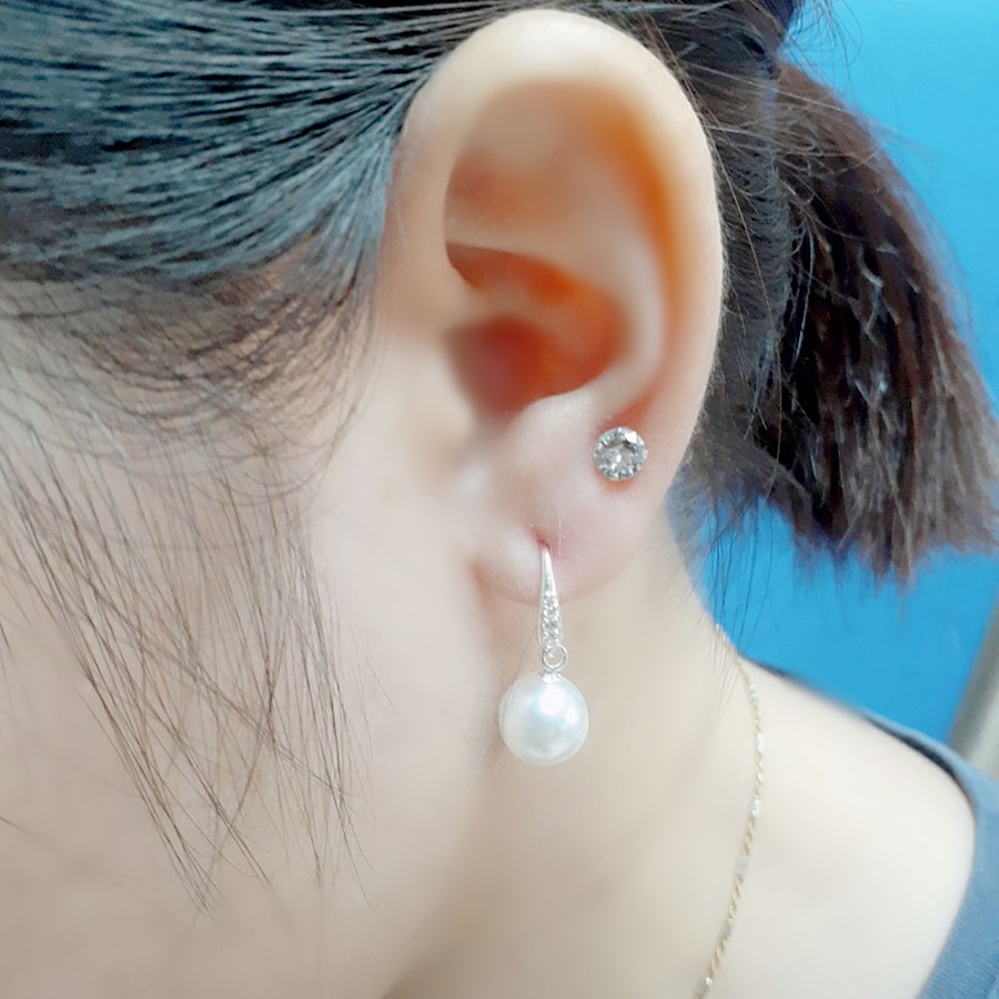 Bông tai nữ dáng dài chất liệu bạc ta gắn ngọc trai nhân tạo 10ly trang sức Bạc Quang Thản - QTBT53(bạc )