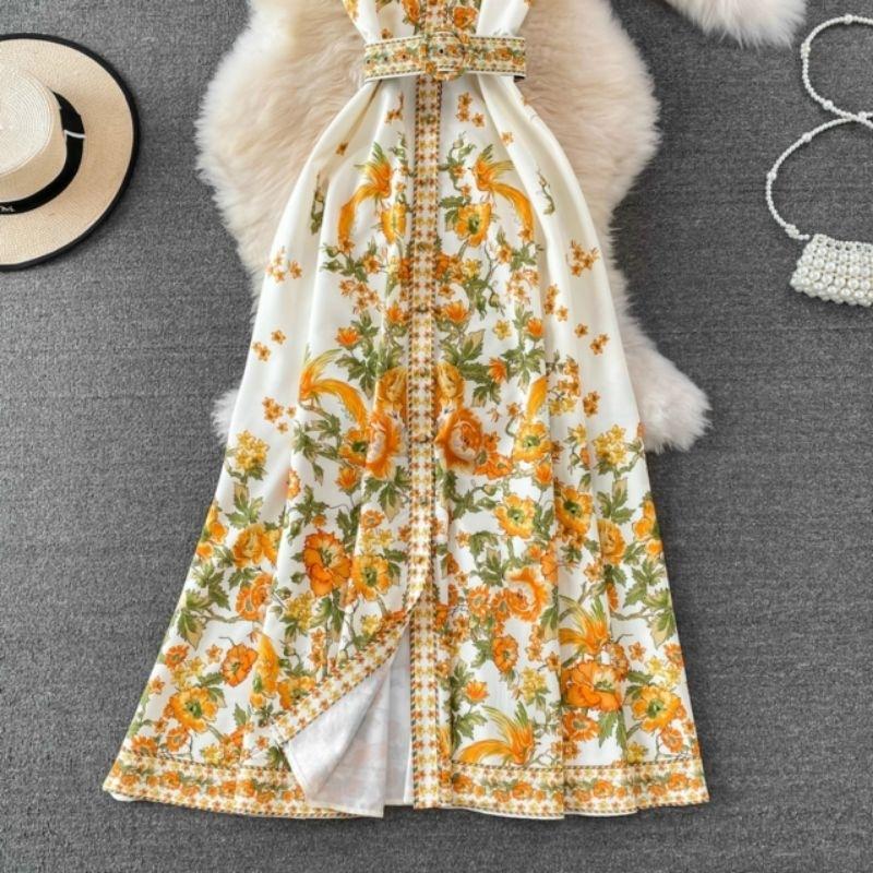 HÀNG NHẬP - ĐẦM LỤA IN HOA VÀNG DÁNG DÀI