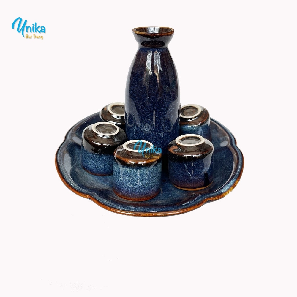 Set sake cao đĩa tròn hoa men xanh hỏa biến - Bộ sake gốm Unika Bát Tràng