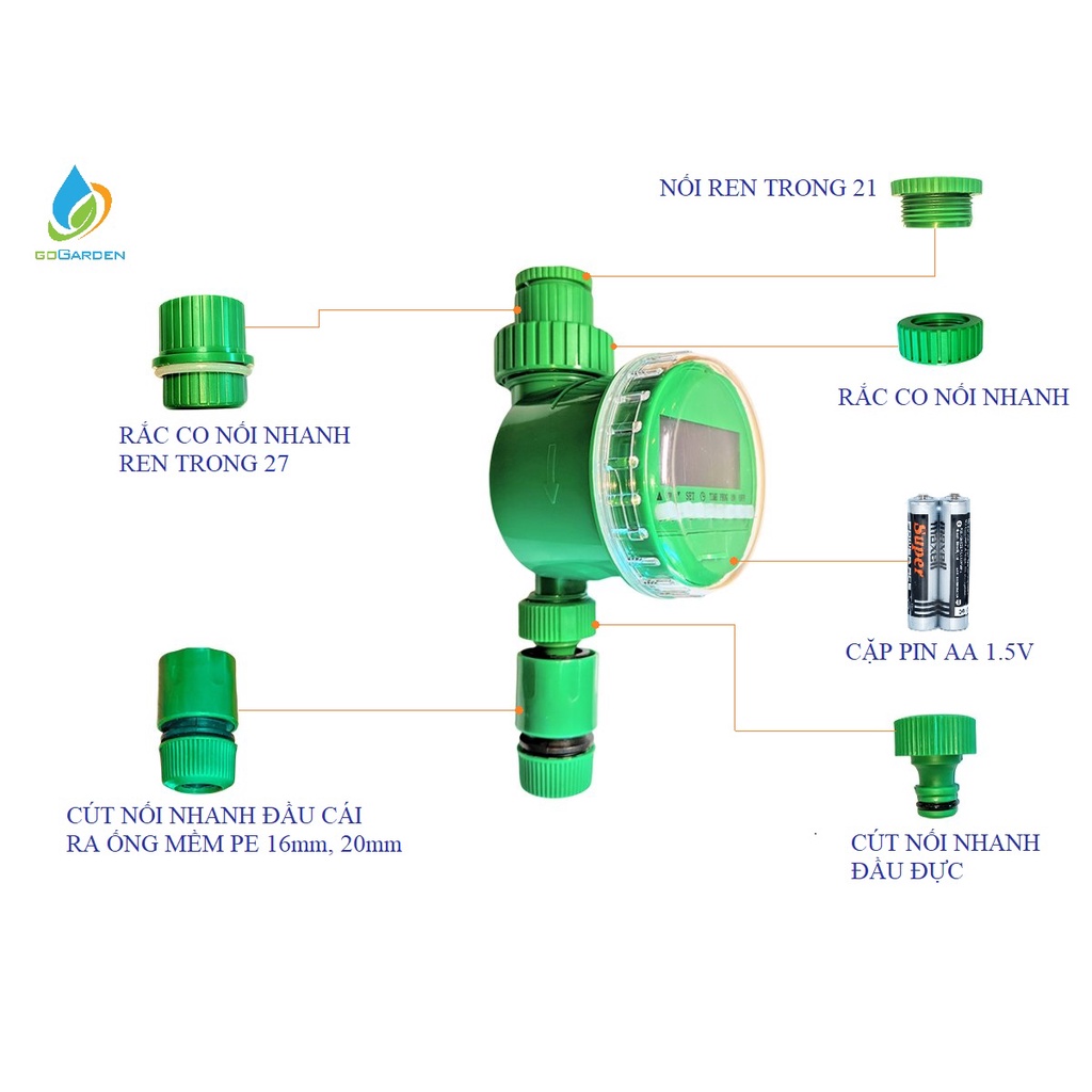 VAN HẸN GIỜ ĐÓNG MỞ TƯỚI VƯỜN TƯỚI TỰ ĐỘNG ĐIỆN TỬ - CÓ KÈM CẶP PIN AAA 1.5V