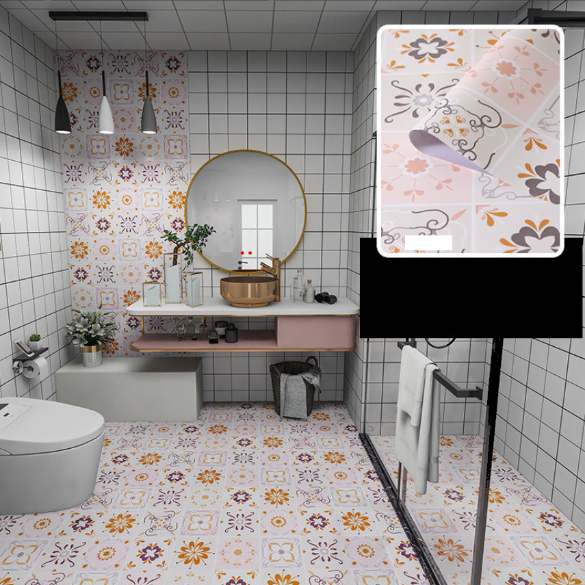 COMBO CUỘN 3 mét decal dán nền dán sàn GẠCH HOA NÂU HS2010 KHỔ 60CM KEO SẴN