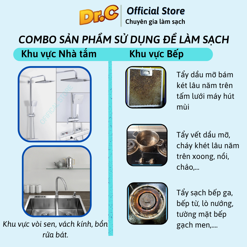 Combo Dr.C CHÍNH HÃNG siêu tiết kiệm ( Siêu tẩy dầu mỡ Dr. C + Tẩy cặn Canxi, vòi sen, vách kính)