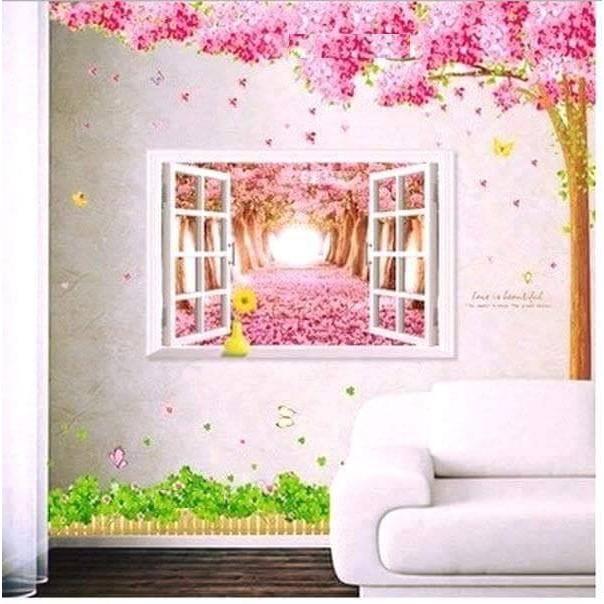 Decal dán tường Khung cửa hoa đào