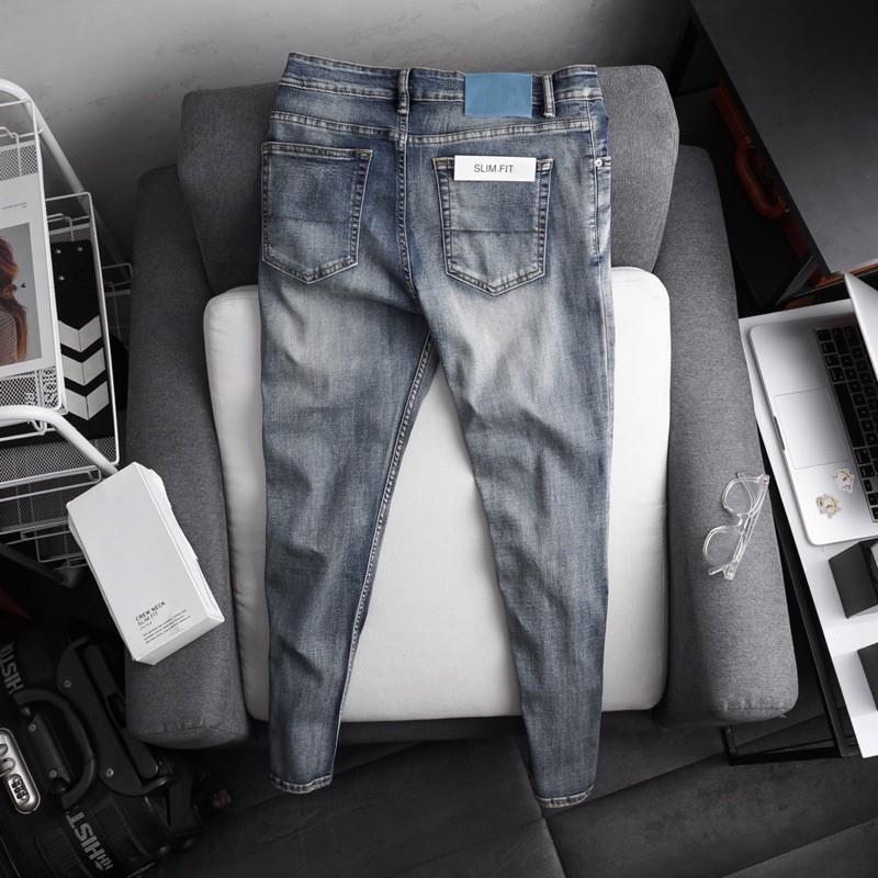 Quần jean nam rách gối hàng xuất xịn ôm dáng xanh rêu