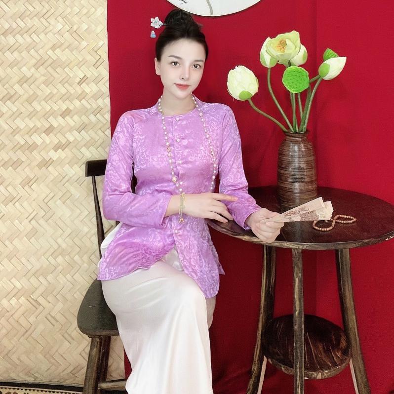 GẤM BÀ BA CỔ TRÒN Bigsize Trang phục truyền thống,Bộ quần áo Phật tử, đồ lam đi chùa mẫu nữ vải gấm - Áo Hồng (Ko quần)