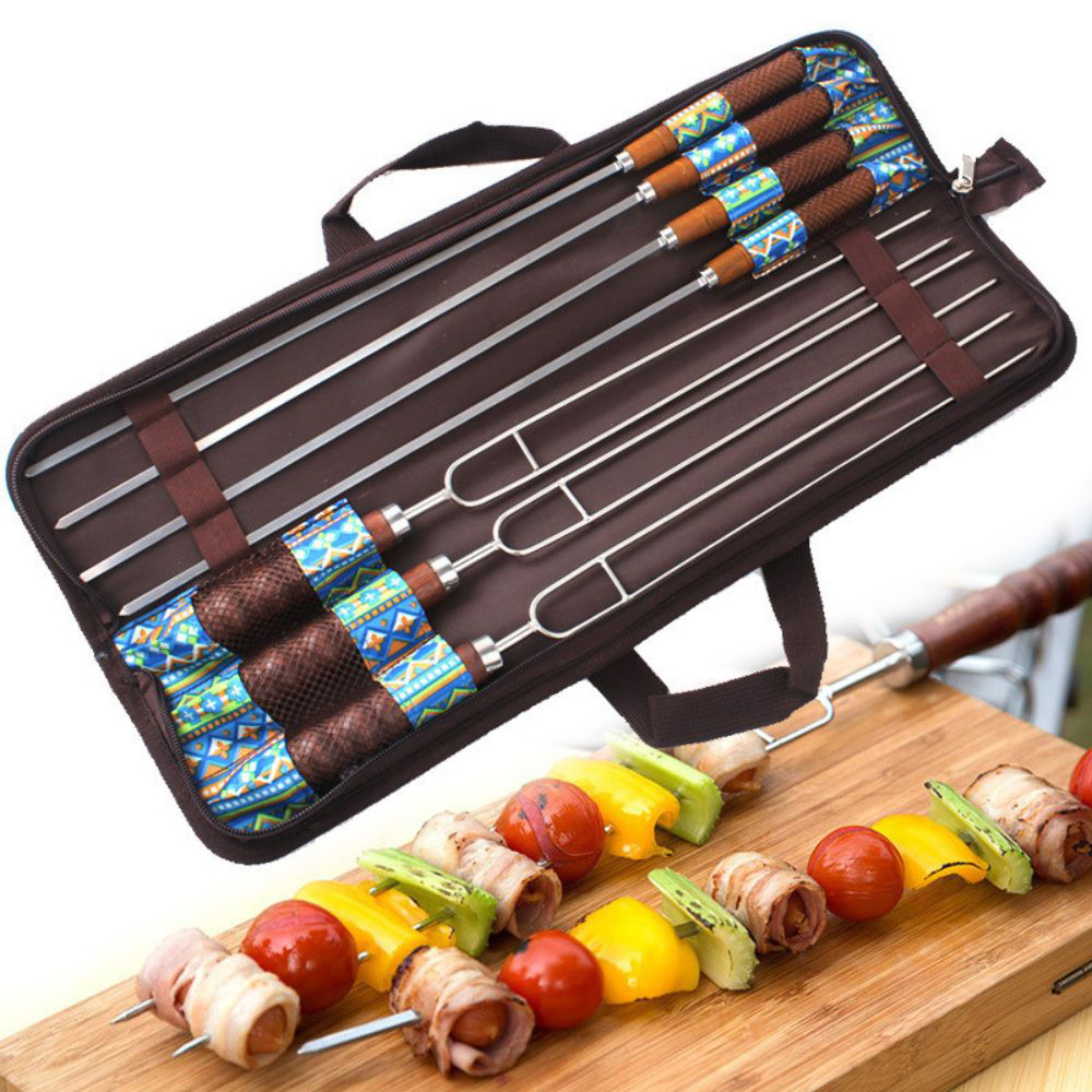 Bộ xiên nướng thịt BBQ inox không rỉ cán gỗ cao cấp kèm túi đựng dùng cho gia đình cắm trại, du lịch, dã ngoại