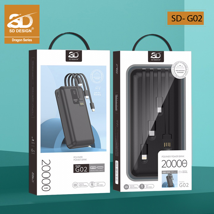 Sạc Dự Phòng đa năng dung lượng 20.000 mAh SD DESIGN G02 Tích Hợp 4 Cáp Sạc Micro, Lingtning, TypeC - Hàng chính hãng