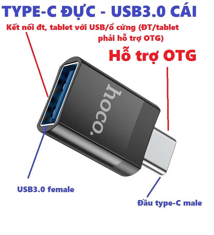 Đầu chuyển type C sang USB 3.0 / iP hỗ trợ OTG cho điện thoại tablet laptop hoco UA17 _ hàng chính hãng