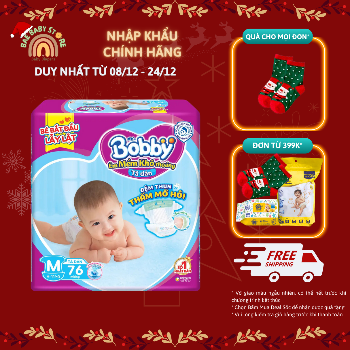 Tã/Bỉm dán Bobby S80/M76/L68
