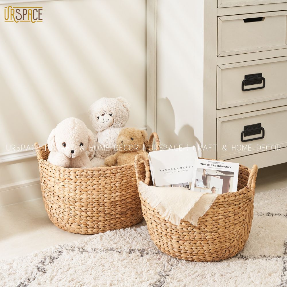 Giỏ lục bình đan đựng đồ URSPACE hình ovan có quai cầm đựng sách báo đồ chơi/ HYACINTH STORAGE CURVED BASKET