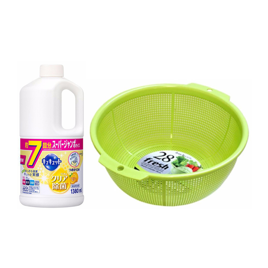 Combo Rổ nhựa 28 cm màu xanh + Nước rửa chén 1380ml hương chanh - Nội địa Nhật Bản