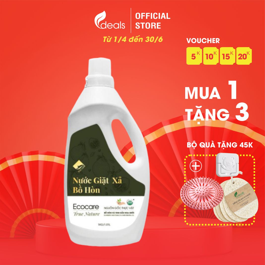 Nước giặt xả hữu cơ Bồ Hòn tinh dầu Hoa Bưởi ECOCARE 1 lít - Bền màu, giữ dáng, làm mềm vải, an toàn da nhạy cảm