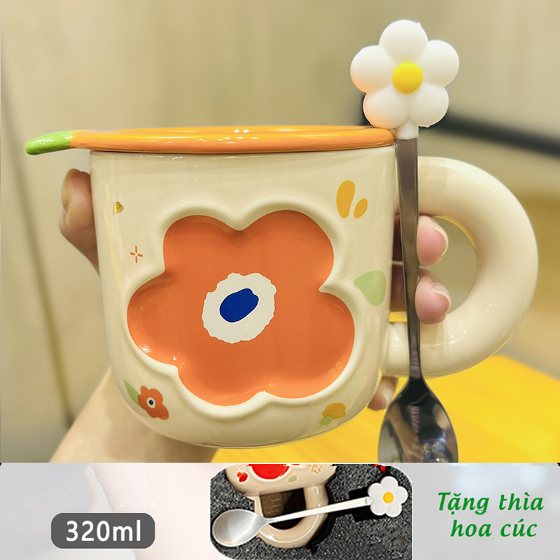 Cốc Sứ Hoa Cúc Có Nắp Tặng Kèm Thìa Bông Hoa Thích Hợp Cafe Văn Phòng, Tặng Quà