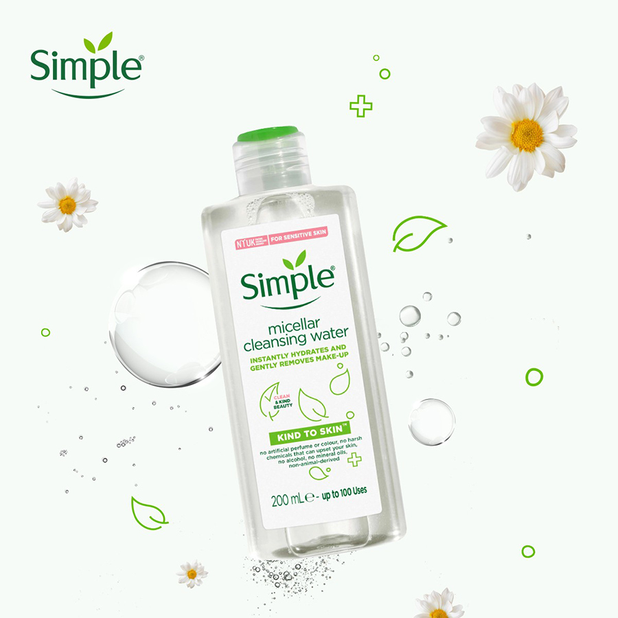 Nước tẩy trang Simple Micellar làm sạch trang điểm vượt trội - không chứa cồn gây khô rát 200ml [CHÍNH HÃNG ĐỘC QUYỀN]