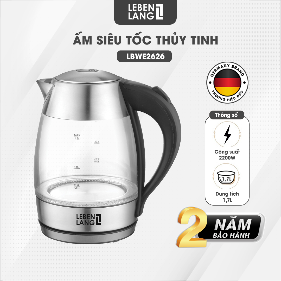 Ấm siêu tốc thủy tinh LEBENLANG LBWE2626 bằng thủy tinh chịu nhiệt - hàng chính hãng