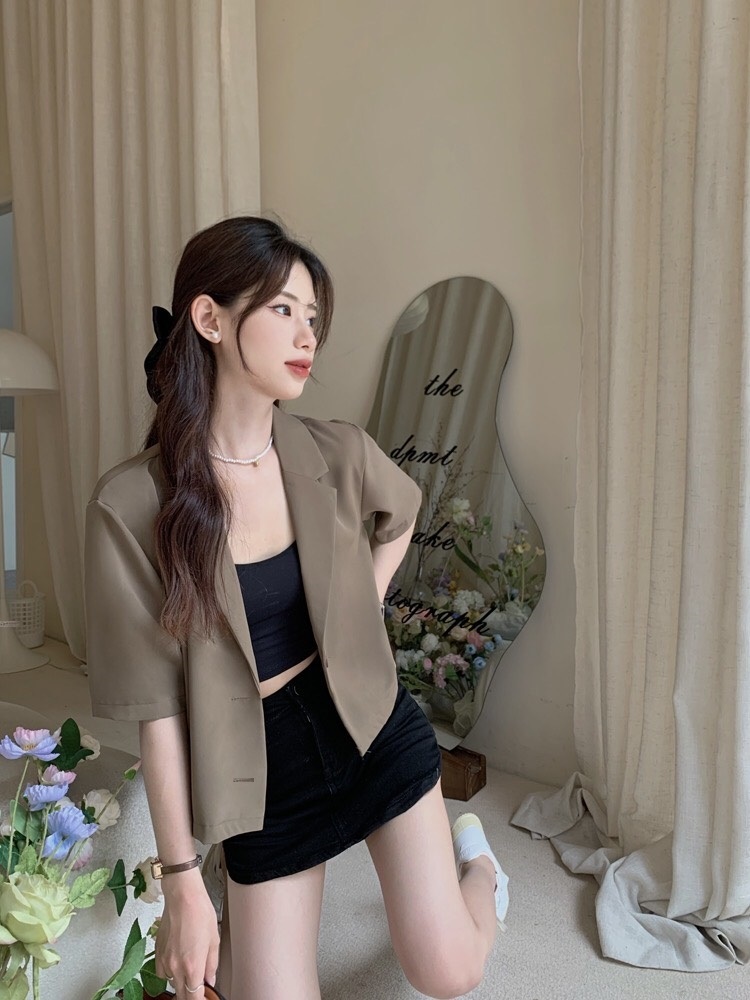 Áo Blazer Nữ Croptop Ngắn Tay Áo khoác Vest cộc nữ Chất Tuyết Mưa Cao Cấp Hàng Thiết Kế Tay Lỡ Dáng Ngắn Hàn Quốc