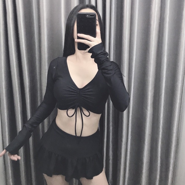 BIKINI HAI MẢNH, ĐỒ BƠI NỮ CROPTOP TAY NGẮN VÁY RÚT  DÂY