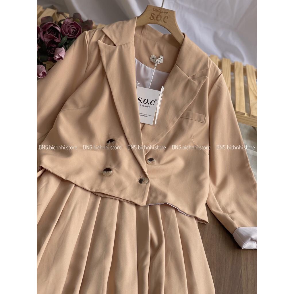 SET ÁO BLAZER & ĐẦM 2 DÂY XẾP LY- Double Breasted Lapel Neck Blazer & Cami Dress BY BNS CARNA SET BNS011V