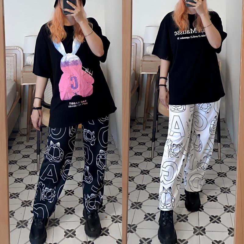 Quần Jogger Thun Unisex có dây rút HOẠ TIẾT MÈO màu ĐEN/TRẮNG ️