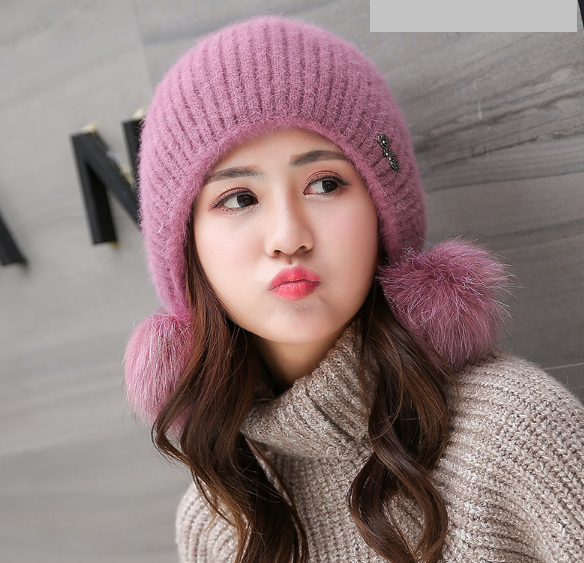 Mũ len nữ quả bông lông thỏ cao cấp mới, nón len trùm đầu cho nữ phong cách Hàn