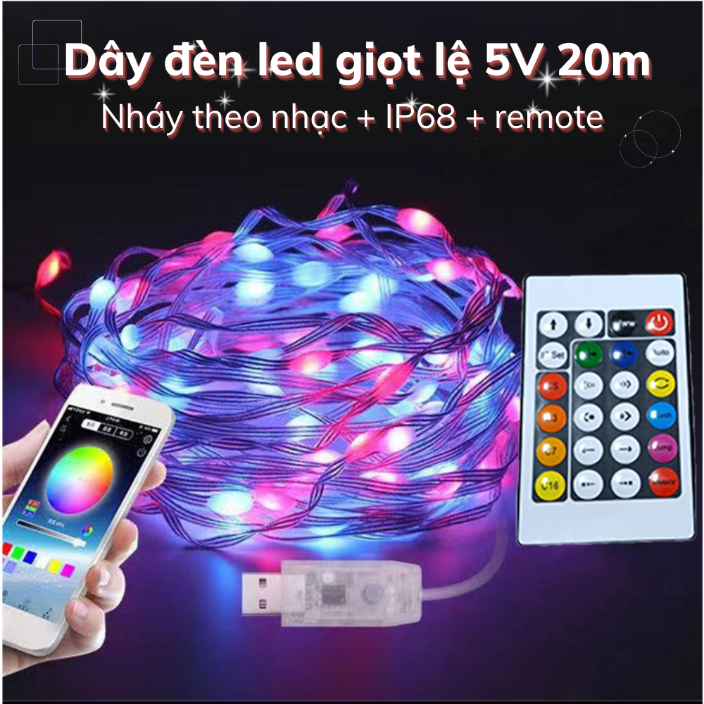 Dây đèn led Fairy Light ARGB giọt lệ 20M/10M nháy đuổi theo nhạc16 triệu màu, chống nước IP68 chỉnh app + remote