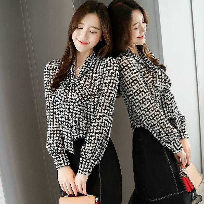 ÁO SƠ MI HỌA TIẾT CỔ PHỐI DÂY CỘT NƠ