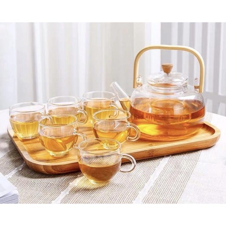 Bộ ấm chén thủy tinh tay gỗ cao pha trà 900ml kèm khay gỗ