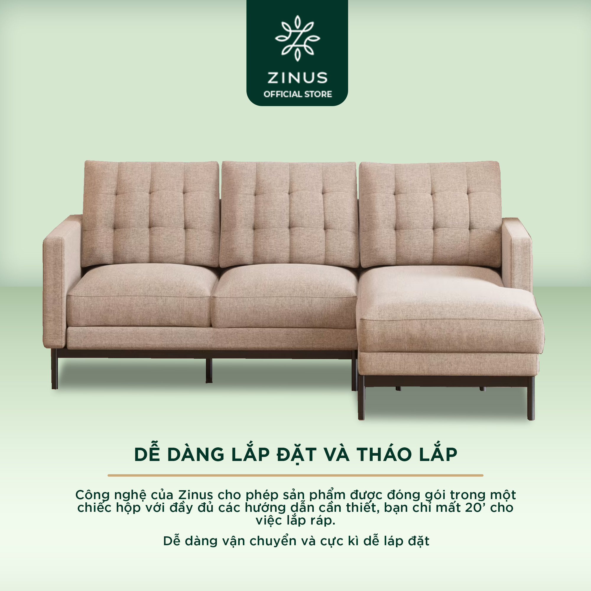 Ghế  Sofa Zinus Thompson Chữ L Hiện Đại Sang Trọng - Zinus Thompson 2 Seater with Chaise Sofa (L-Shaped) Beige