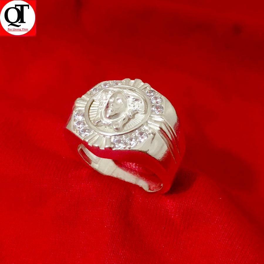 Nhẫn nam Vesac Bạc Quang Thản chất liệu bạc ta đúc nguyên chiếc gắn đá coboic trắng cao cấp - QTNA32