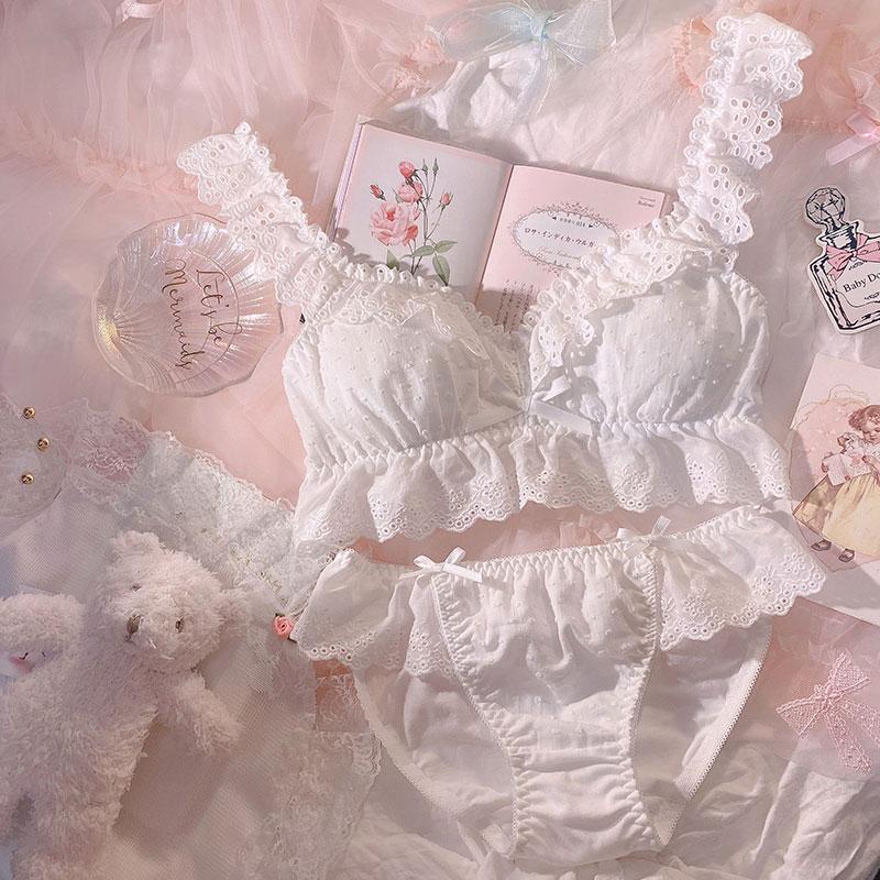Lolita Kawaii Dễ Thương Ren Hoa Dây Hồng Áo Ngực Và Quần Bộ Quần Lót Nữ Pháp Retro Bông Thân Mật Cực Áo Ngực Mỏng quần Lót