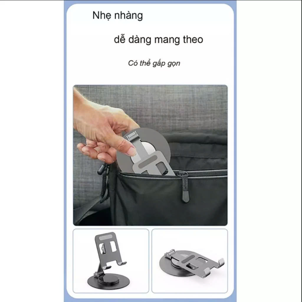 Giá đỡ điện thoại máy tính bảng nhôm nguyên khối trục xoay 360° gấp gọn tiện dụng - Hàng nhập khẩu