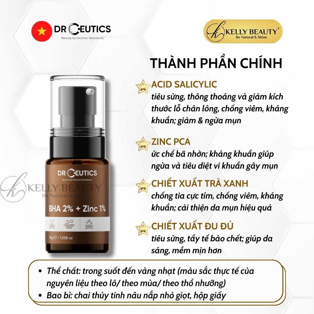 Serum Mụn DrCeutics BHA 2% + ZinC 1% - Cải Thiện & Ngừa Mụn; Giúp Kiềm Dầu | Kelly Beauty