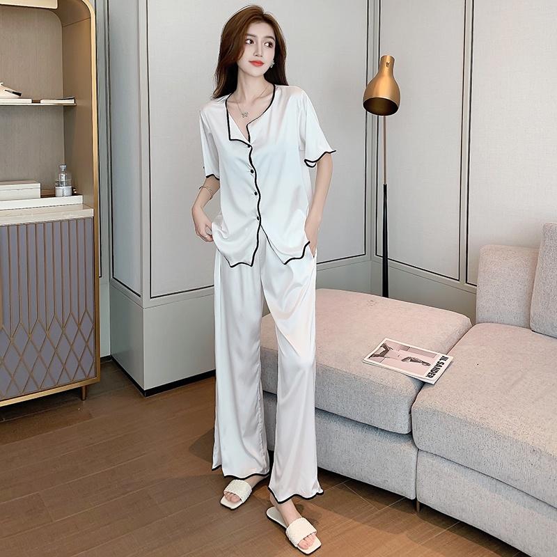 Set Quần Áo Pijama Nữ Ngắn Tay Vải Lụa Cao Cấp Màu Trắng Thanh Lịch Thời Trang STYLE MARVEN - WM SET 015V1