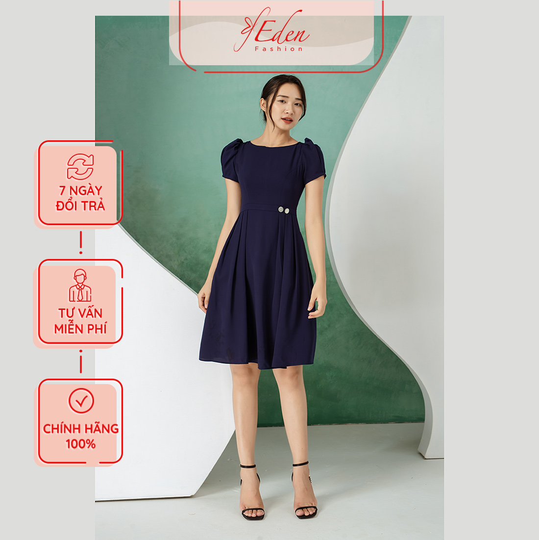 Đầm xòe công sở tay ngắn xếp ly phốI nút 2 lớp thiết kế thời trang Eden dây kéo sau lưng có túi - D479