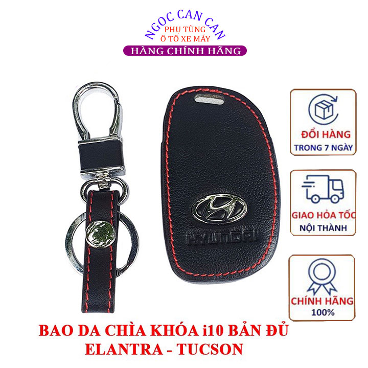 Bao da chìa khóa Hyundai i10 bản đủ, Elantra, Tucson màu đen chỉ đỏ tặng kèm móc