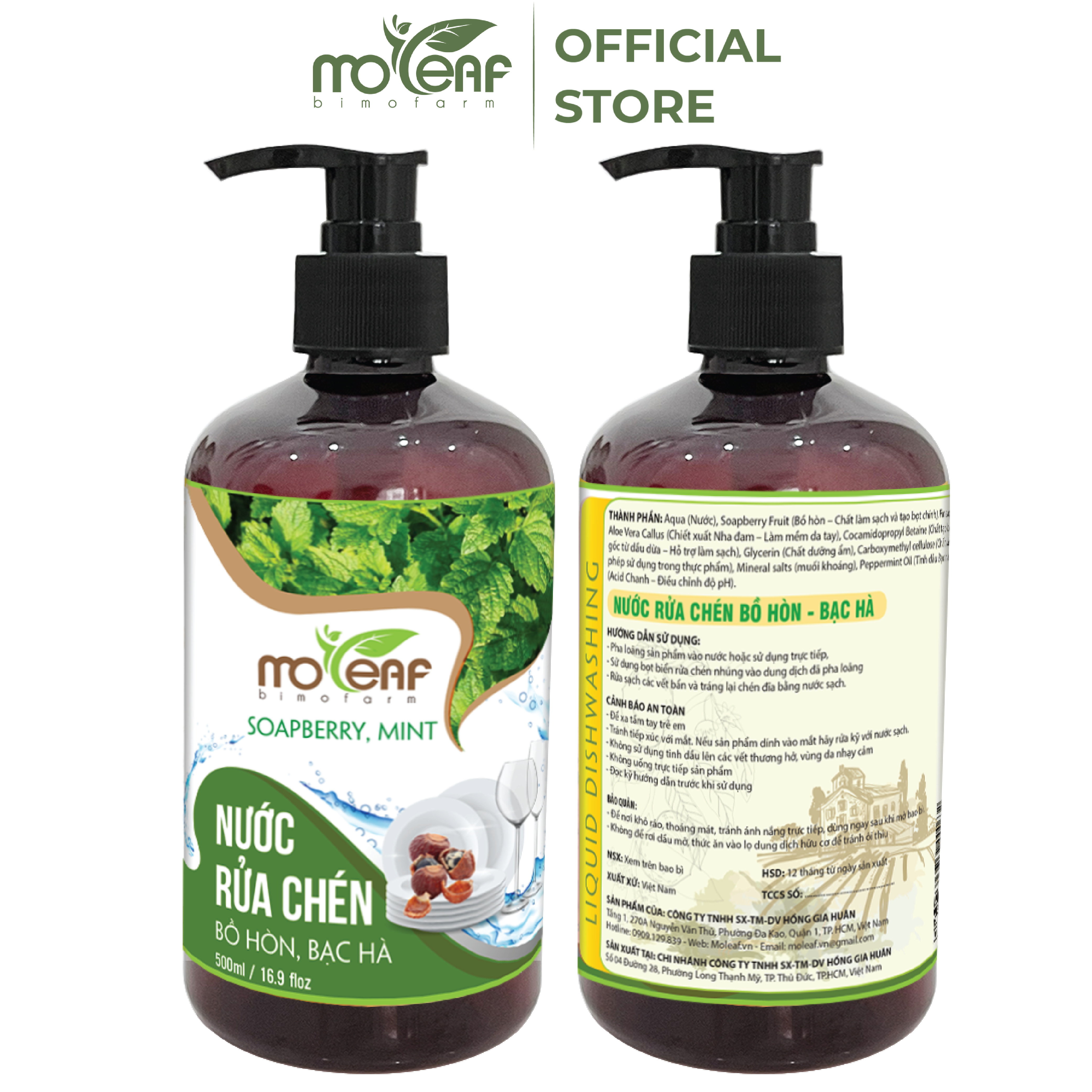BỒ HÒN Nha Đam, Bạc Hà, Chanh 500ml Moleaf - Lên Men Tự Nhiên Từ Bồ Hòn và Dứa, An Toàn Cho Da Tay, Diệt Khuẩn