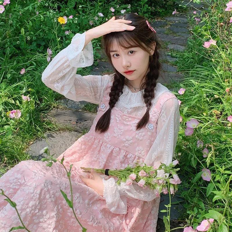 Set áo và váy hai dây hồng dễ thương