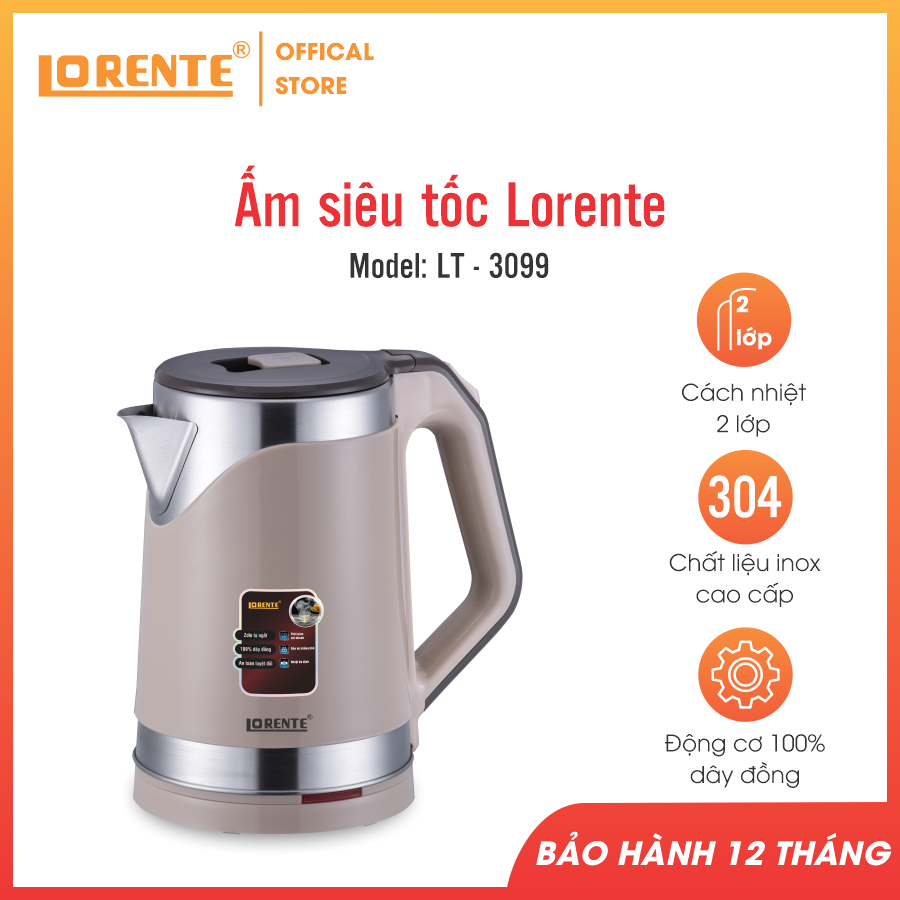 Ấm đun nước siêu tốc Lorente LT-3099 màu nâu 2lit - Hàng chính hãng