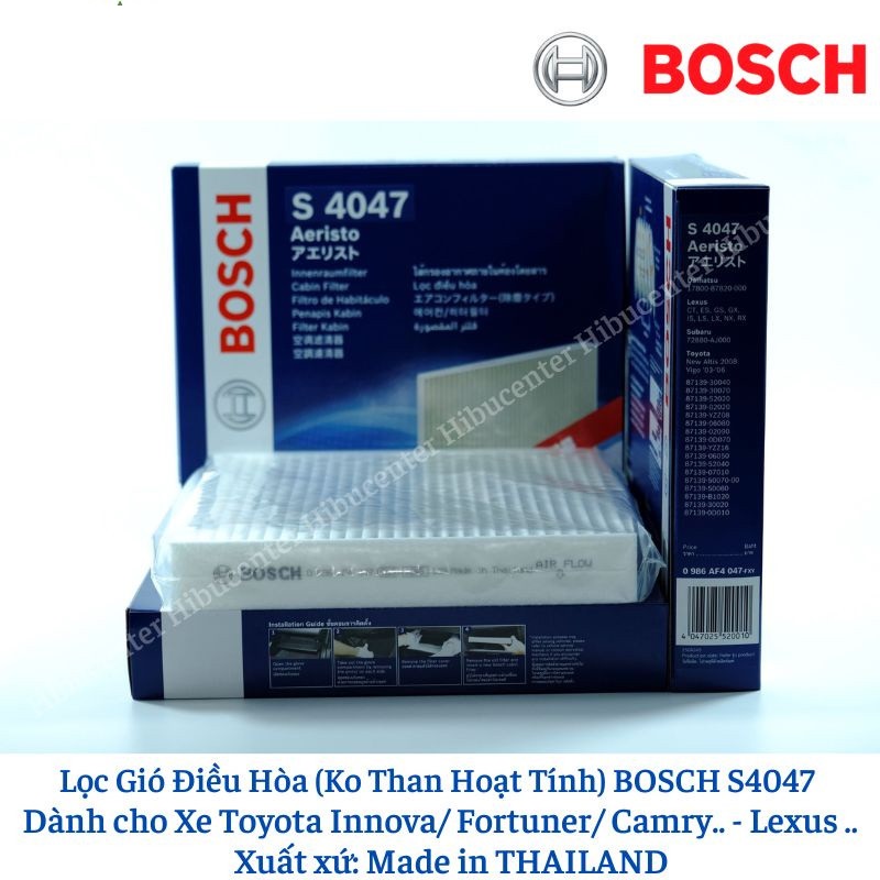 Lọc Gió Điều Hòa Loại Tiêu Chuẩn / BOSCH / Mã S4047 / Dành cho Xe Toyota Innova, Fortuner, Camry, Vios.. .Lexus LX 570,GS300..