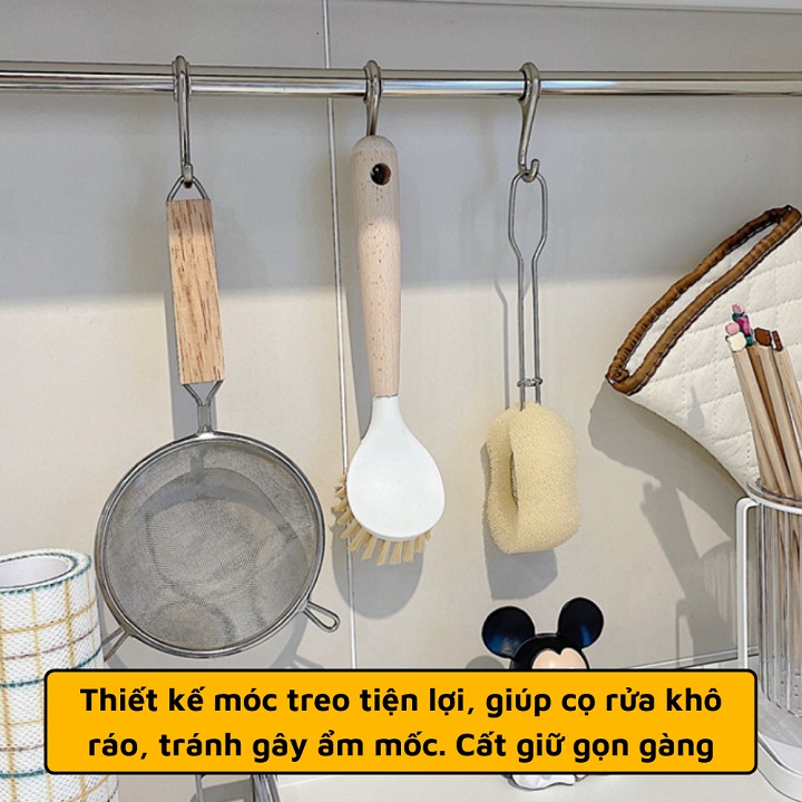 Bàn Chải Chà Xoong Nồi / Niêu / Chảo Đa Năng Cán Gỗ Có Móc Treo Tiện Lợi 25cm