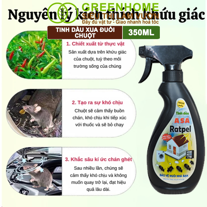 Tinh Dầu Xua Đuổi Chuột Greenhome, ASA Rapel, Chai 350ml, Thảo Mộc, An Toàn Cho Người Và Vật Nuôi