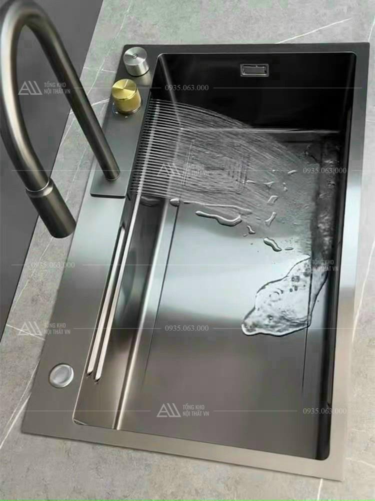Chậu rửa bát thác nước 1 hố kèm vòi đa chế độ dòng chảy nước kèm bộ phụ kiện inox 304 cao cấp
