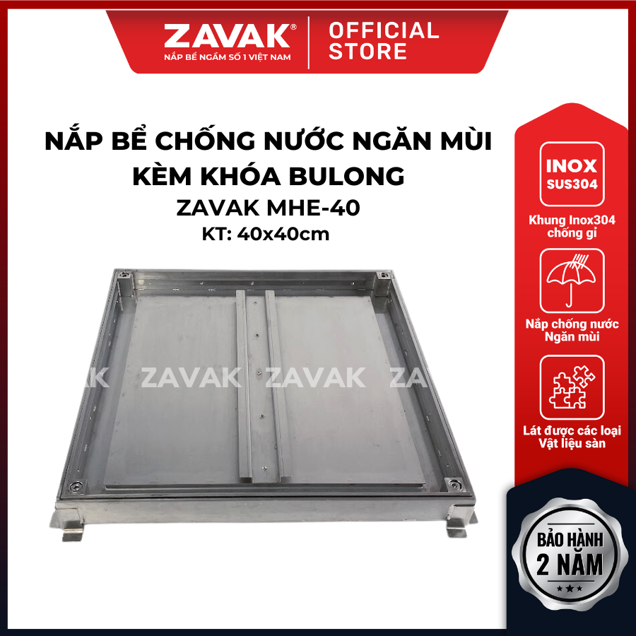 Nắp bể ngầm chống nước ngăn mùi inox ZAVAK MHE-40 / KT 40x40cm, lát gạch 1,2cm, tải 750kg