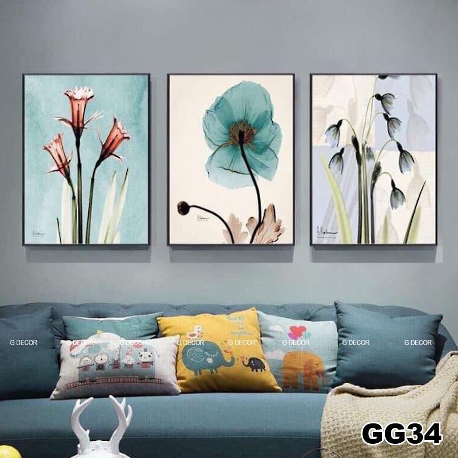 Tranh treo tường canvas 3 bức phong cách hiện đại Bắc Âu 169, tranh hoa đào trang trí phòng khách, phòng ngủ, phòng ăn