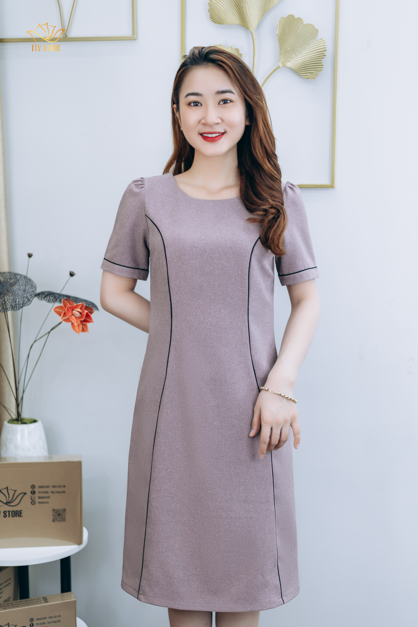 Đầm suông thiết kế trung niên cao cấp sang trọng Cổ tròn tay ngắn màu Hồng ruốc TTV STORE TTV1305