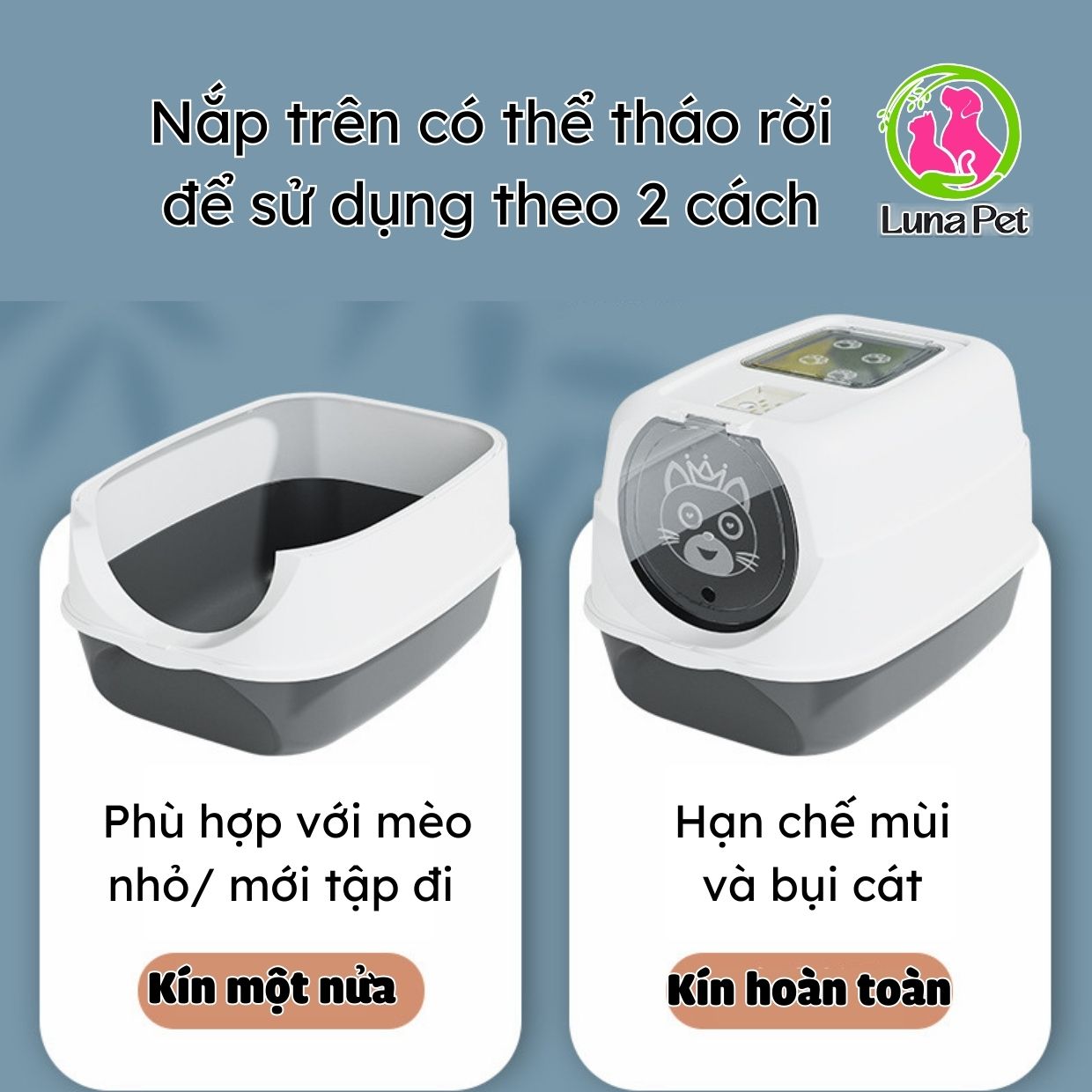 Nhà vệ sinh cho mèo 2 cửa lớn Luna Pet NVS07, Khay cát mèo lớn tặng kèm xẻng