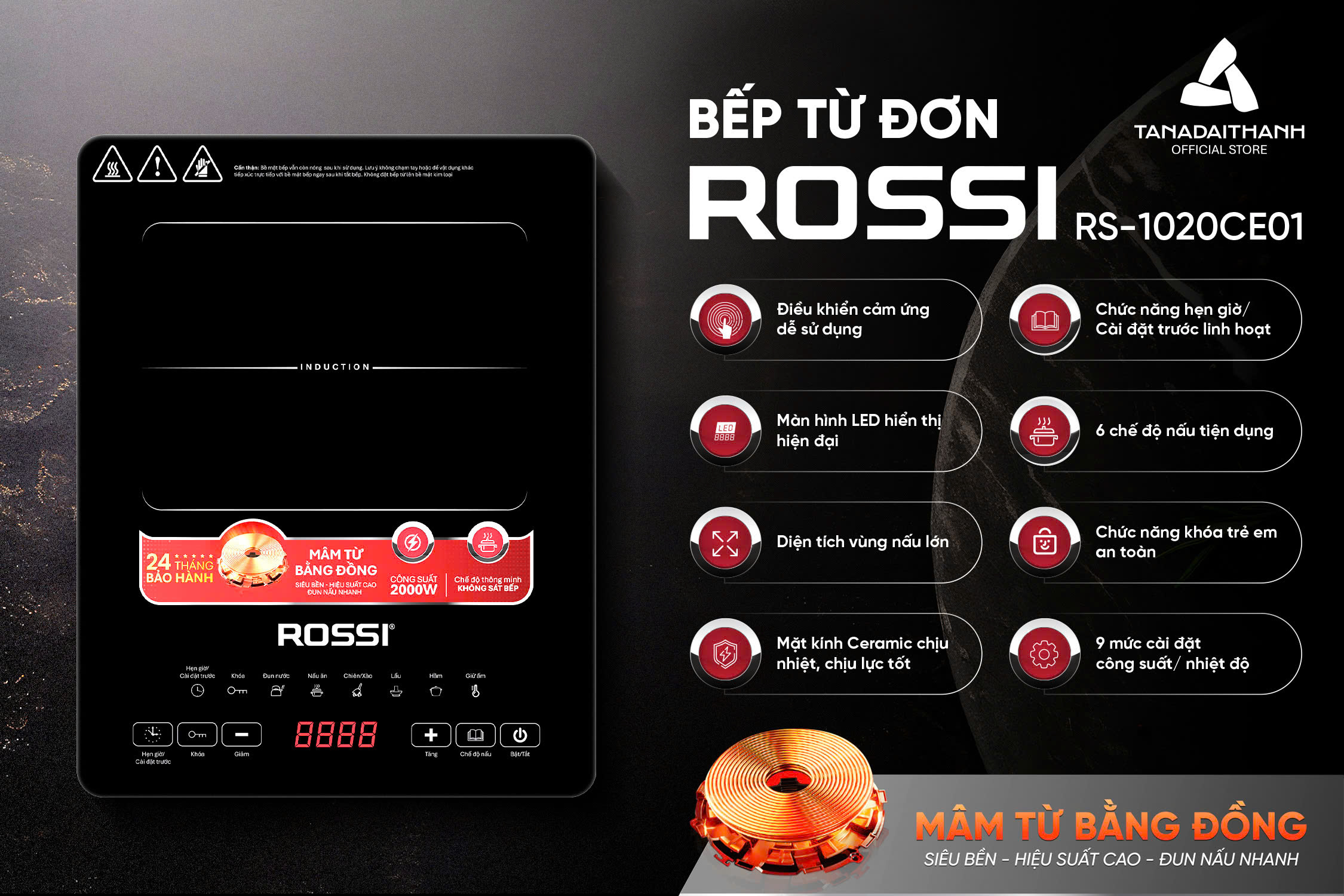 Bếp Từ Đơn Tân Á Đại Thành Rossi RS-1020CE01 Kèm Nồi - Hàng Chính Hãng