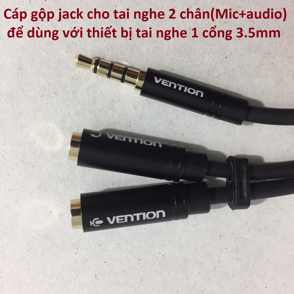 Cáp gộp jack cho tai nghe 2 chân 3.5mm thành 1 chân 3.5mm để dùng với điện thoại,máy tính bảng Vention BBVBY - Hàng chính hãng